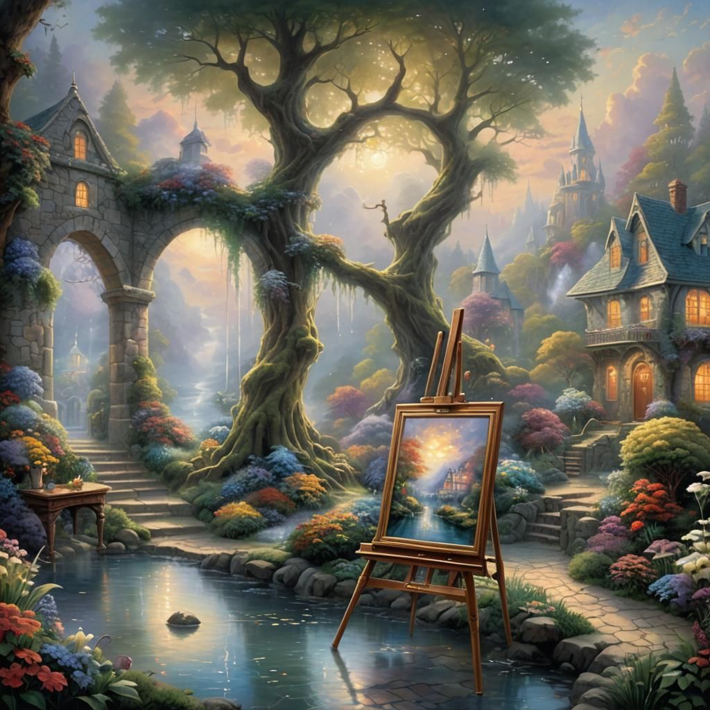 A white room with an easel and a canvas, the painting on the...