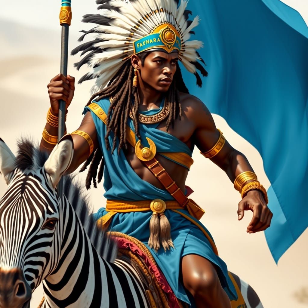 Heroic Warrior standard-barrer of the resistance alliance of Far-Harad,with subsaharan facial features,deep dark brown skin,kinky cornrow br...