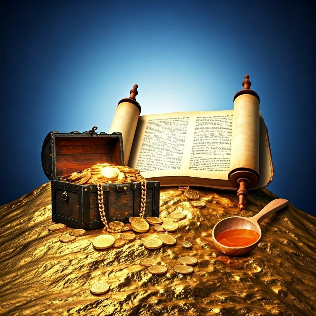 Golden Treasure Mountain with Torah Scroll and Honey Spoon