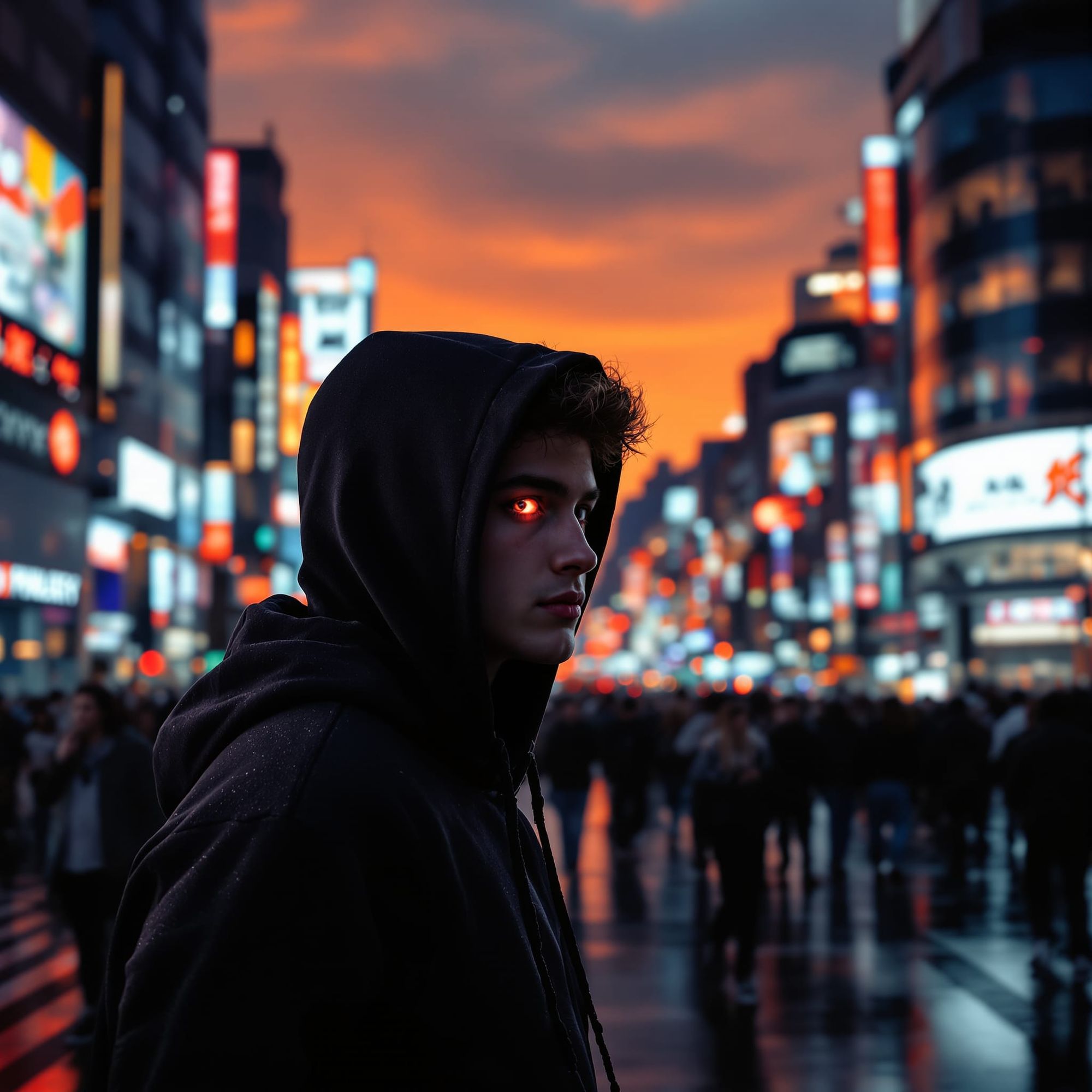 A young man in a dark hoodie walks slowly through a crowded Shibuya Crossing at dusk. The street is wet and glowing with neon reflections. H...