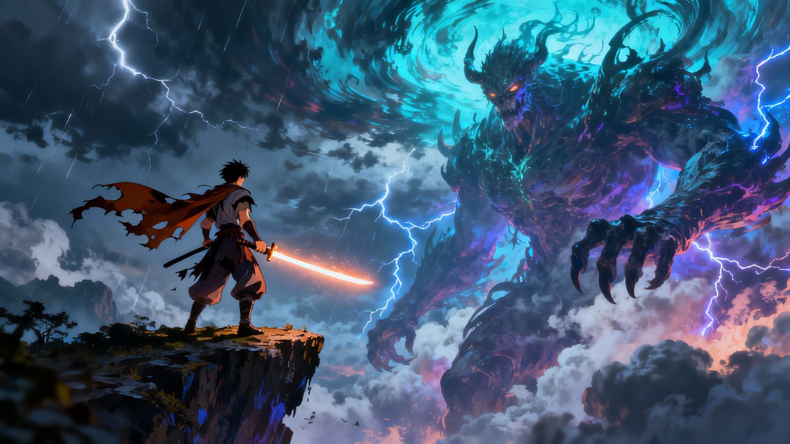 Epic anime scene, cinematic composition, a lone warrior standing on a floating cliff under a stormy sky, ...  by @Lenhudiel