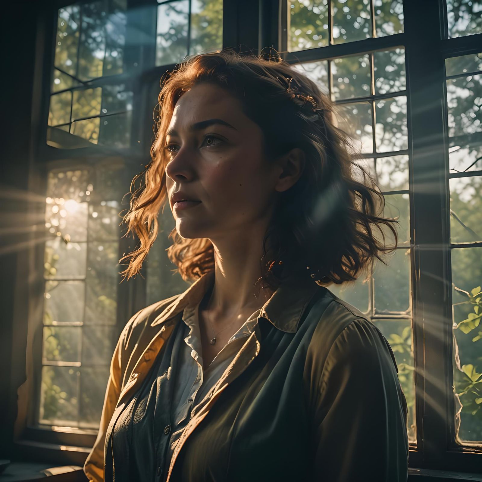 Sun touching my lady's shoulder through window pane