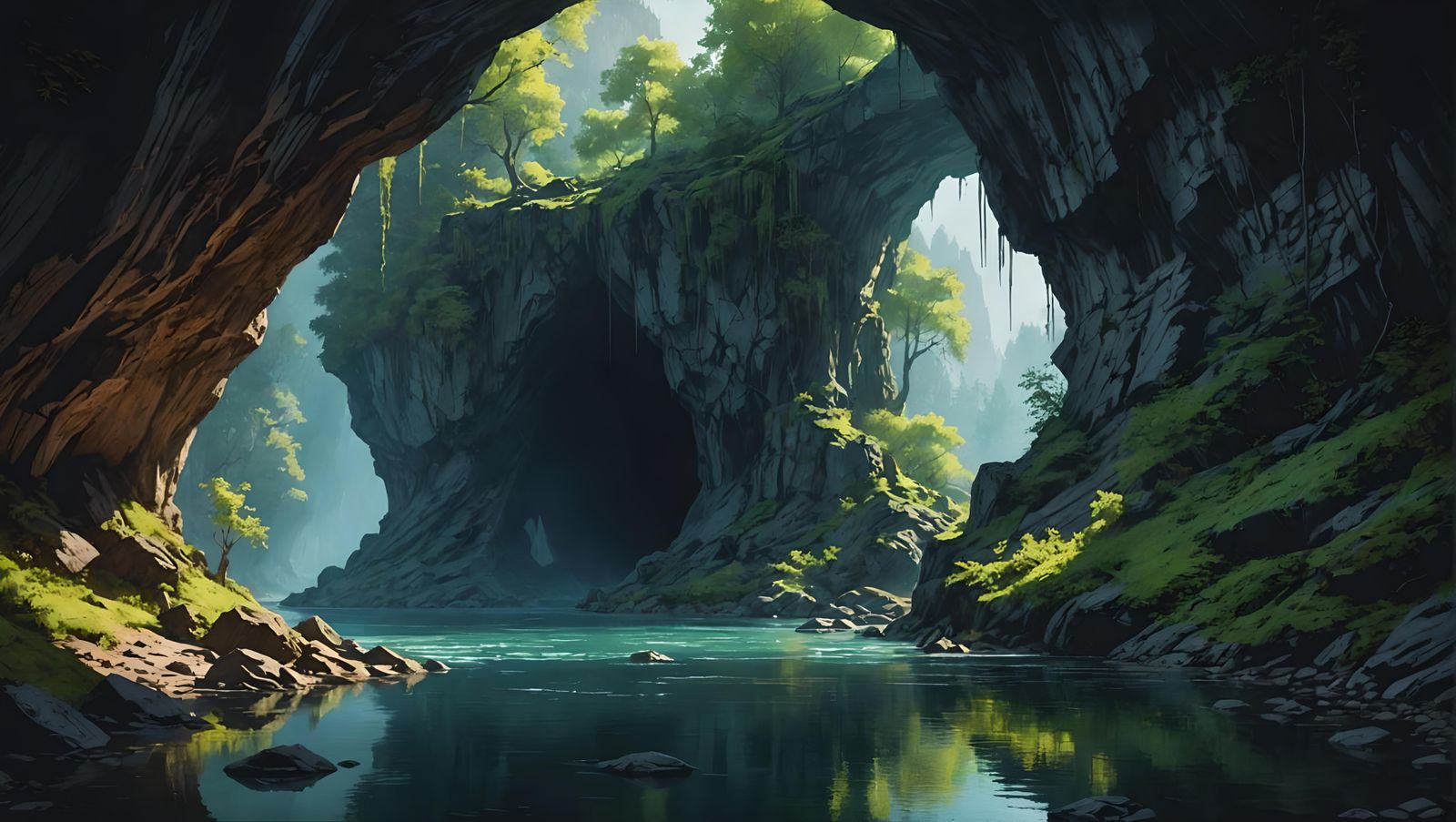 River Cave Entrance Watercolor Matte Painting