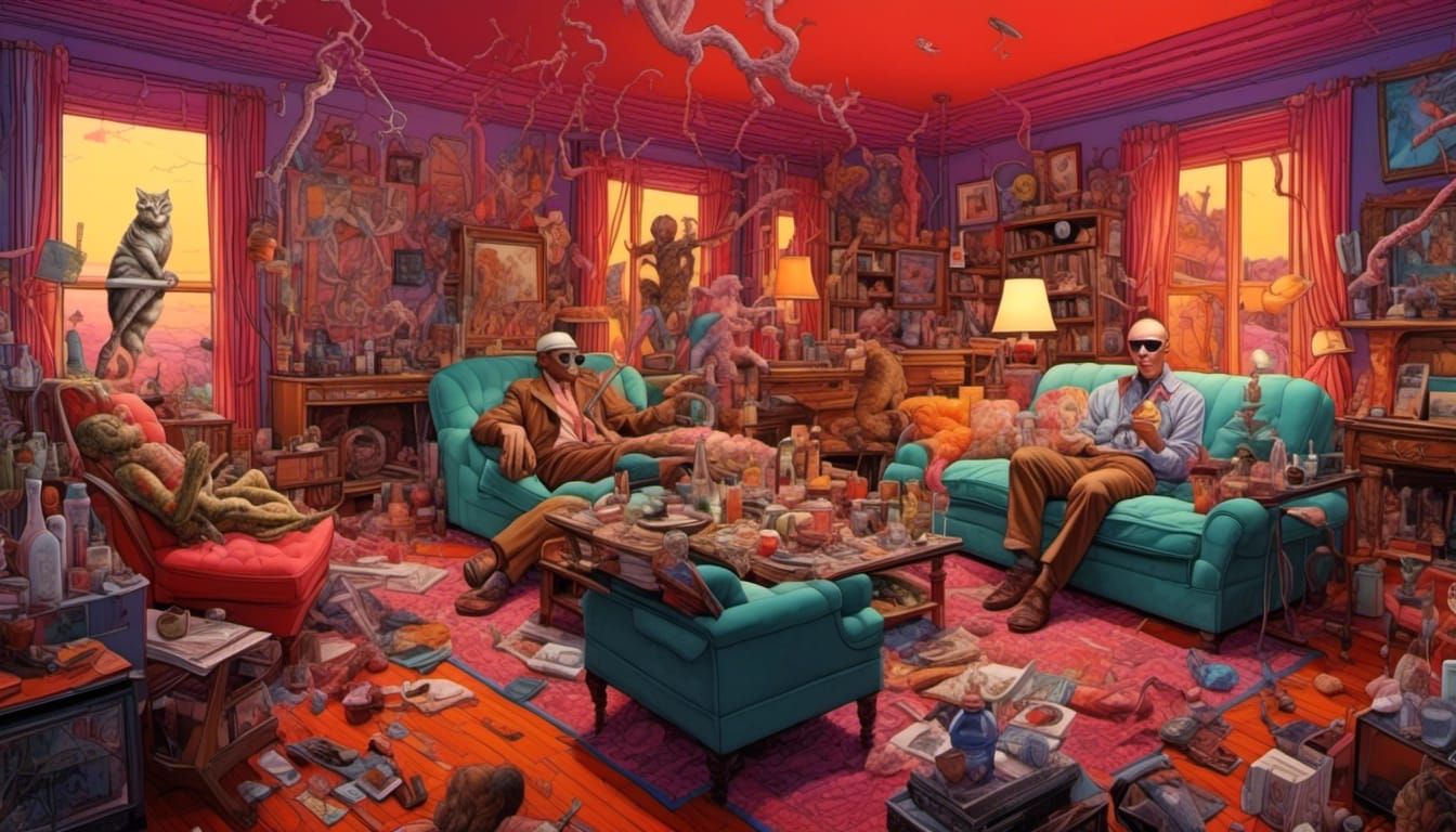 <lora:Cluttered Maximalism:1.0>Hunter Thompson twisted on dr...