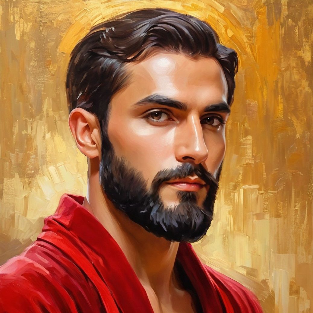 A friendly handsome bearded man wearing a red velours bathro...