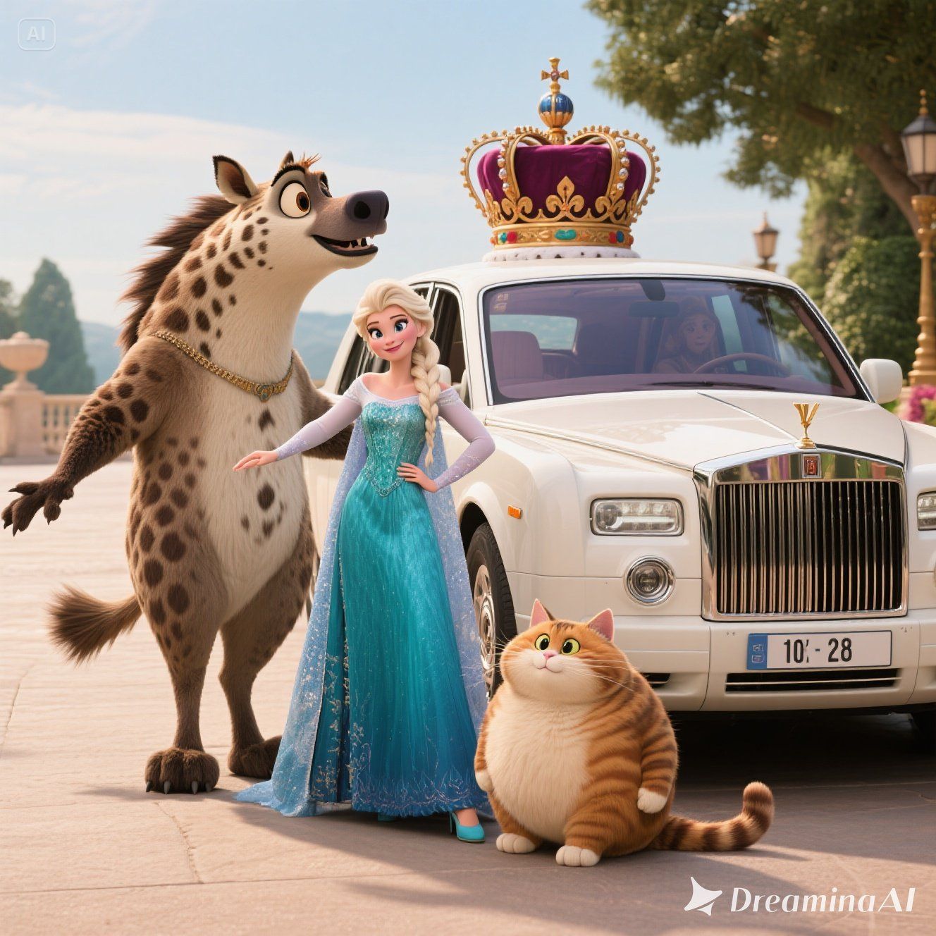 lady shaped like a Hyena that resembles Frozen is standing n...