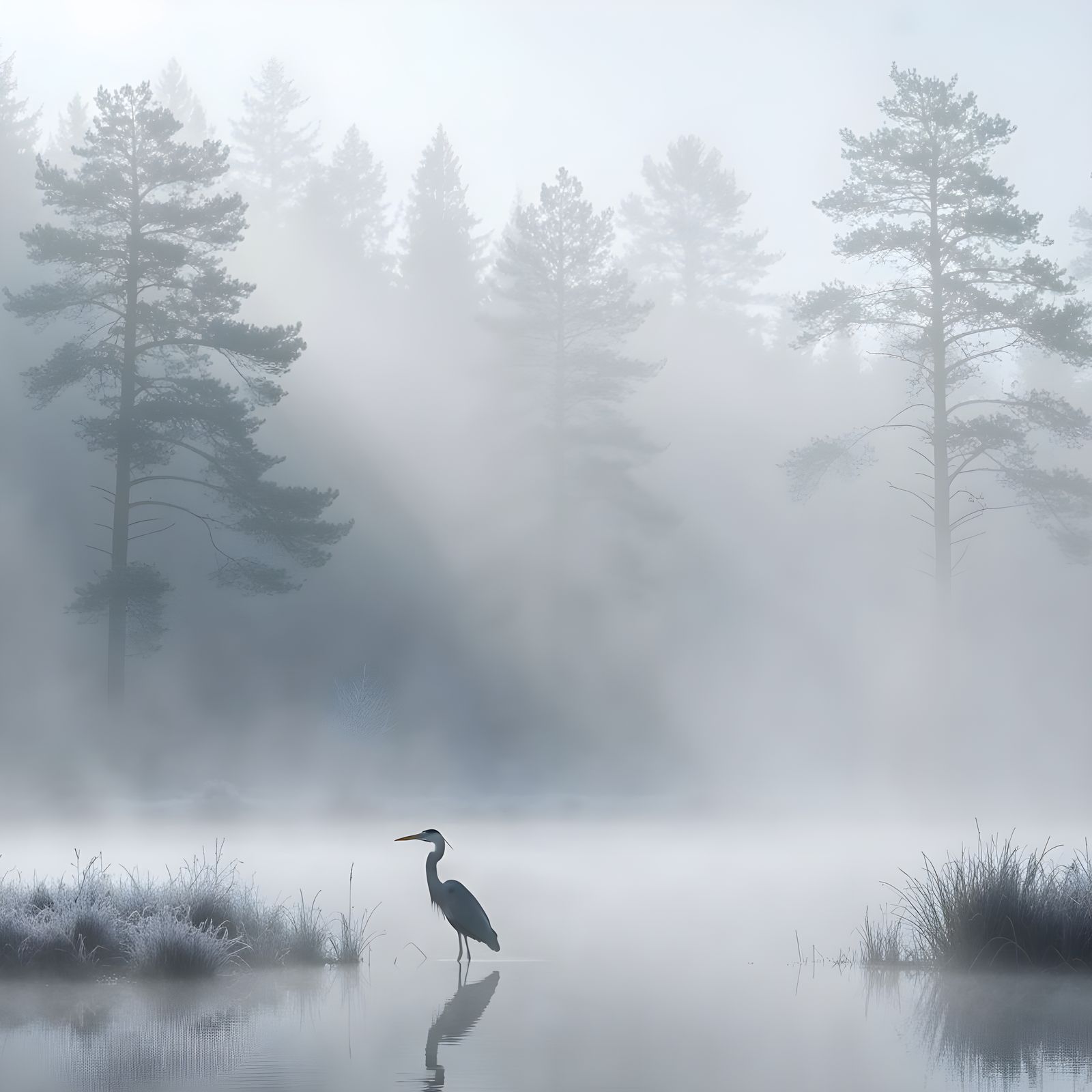 A solitary heron stands sentinel over foggy forest pines  by @Evan Fischer
