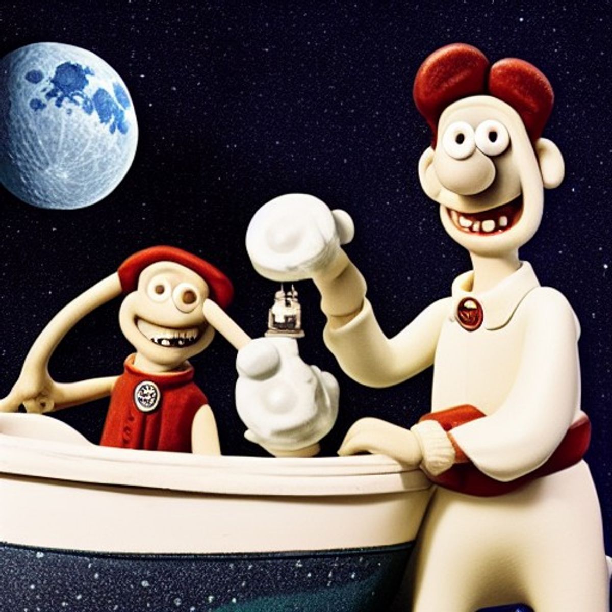 Wallace and Gromit on their way to the moon AI Generated Artwork