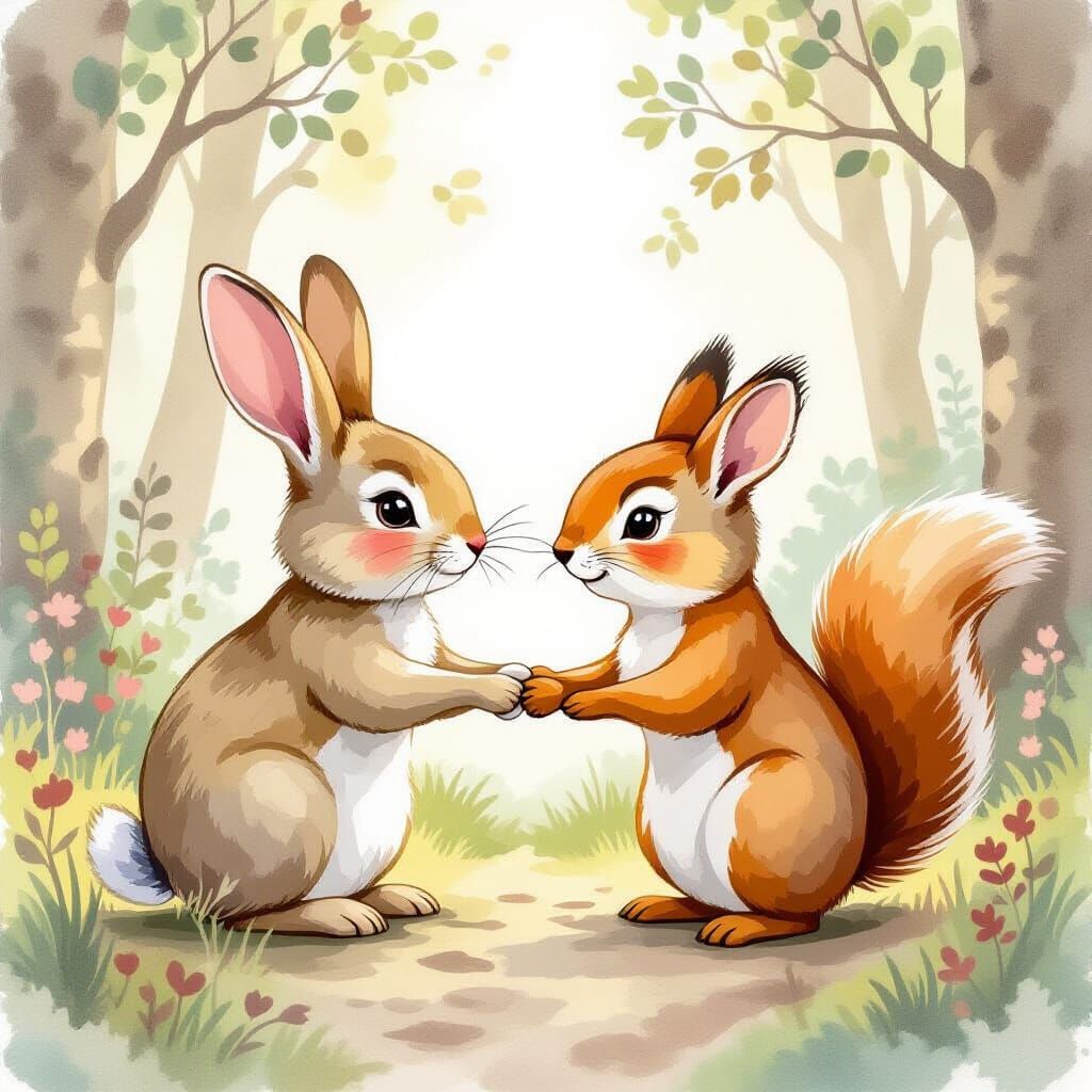Whimsical Rabbit and Squirrel Illustration