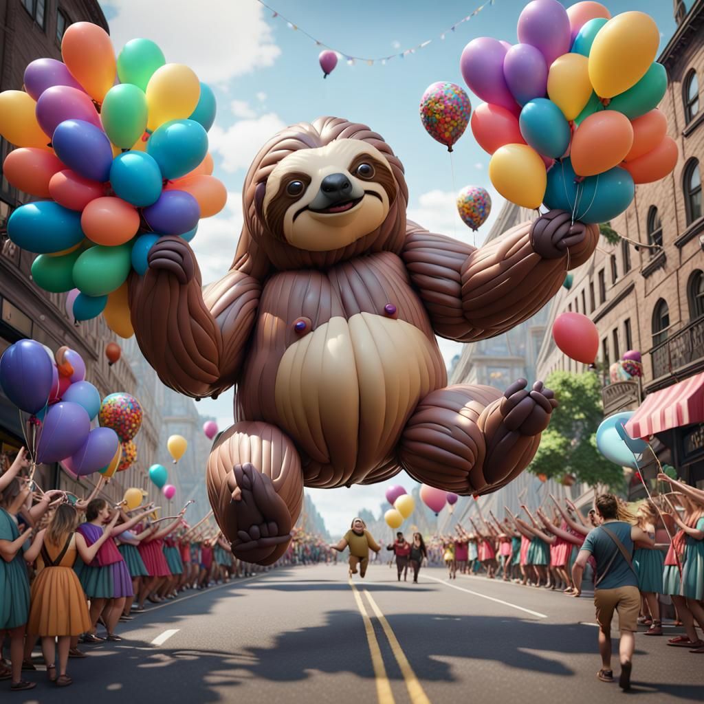 an inflatable balloon sloth in a parade made of balloons  by @page