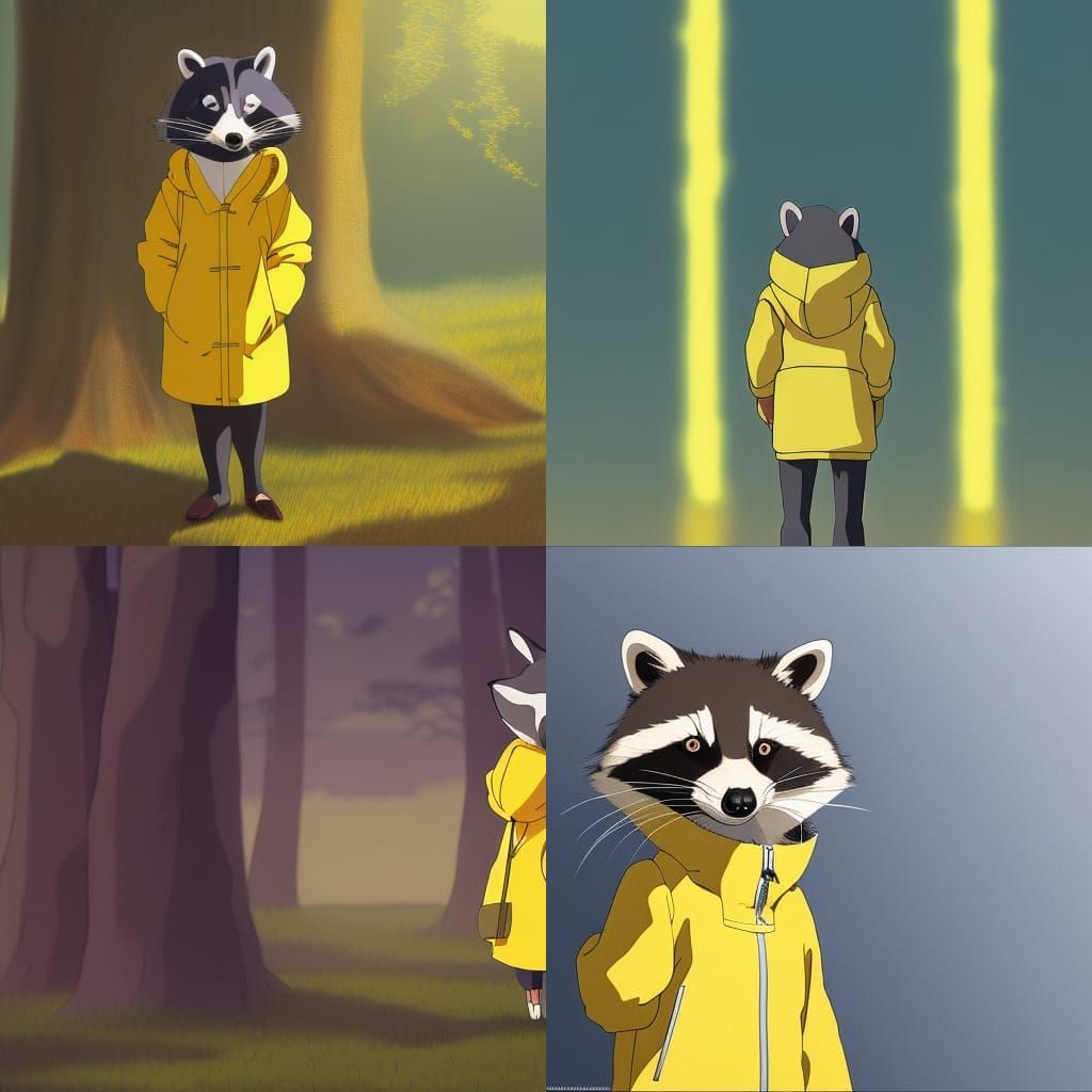 Racoon wearing yellow raincoat