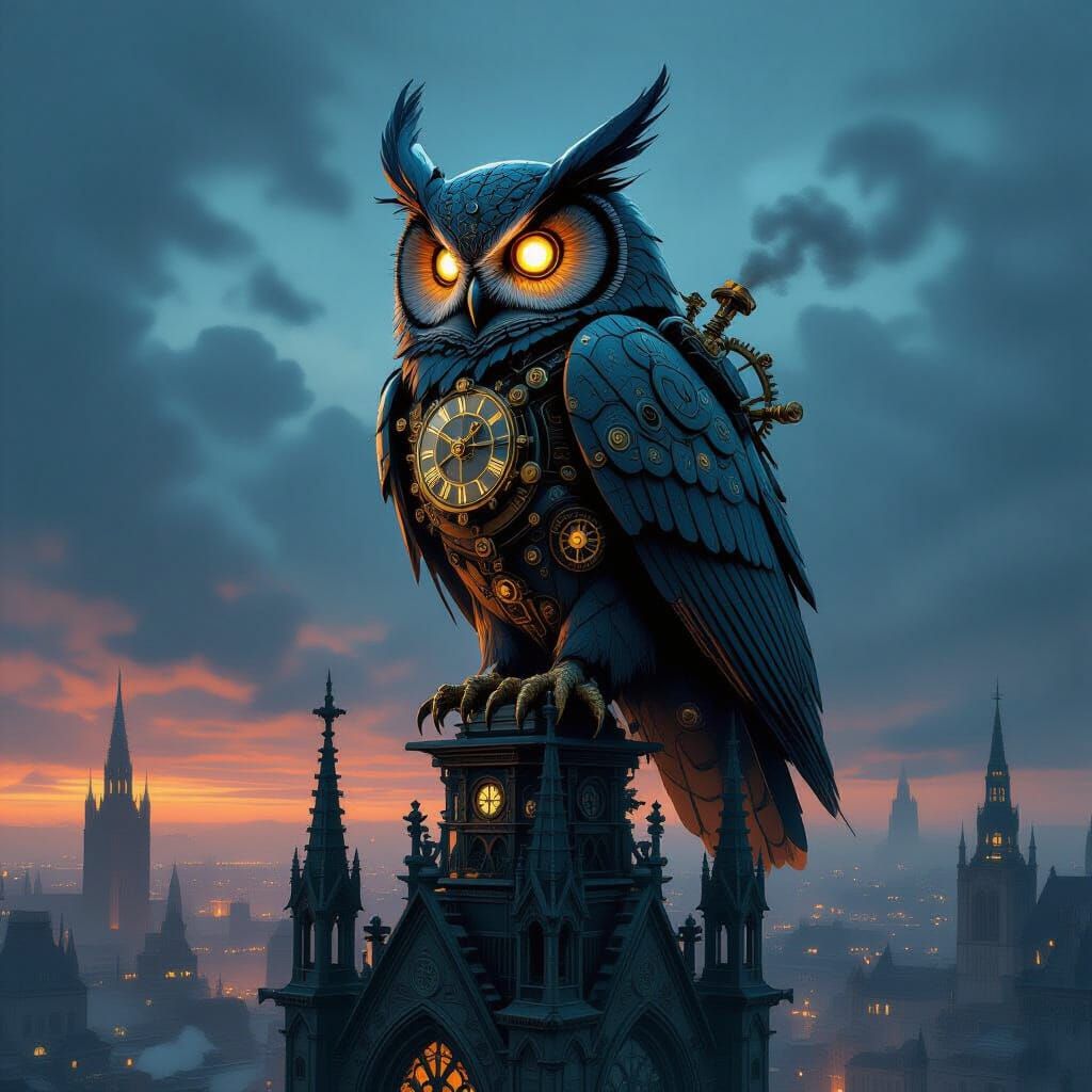 Highly creative. Wide shot. A colossal, sentient clockwork owl perched atop a crumbling gothic cathedral spire, surveying a city shrouded in...