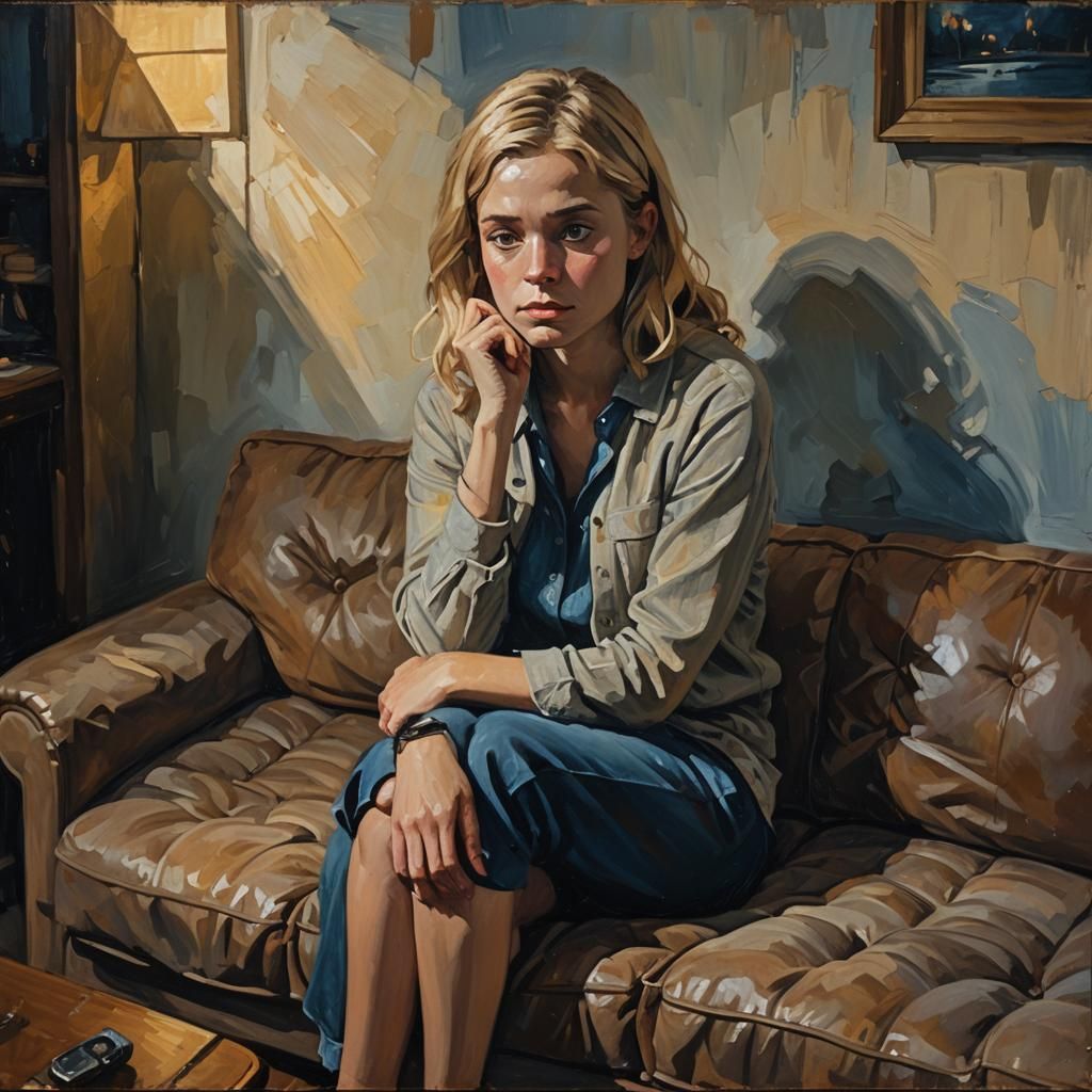 Melancholy Woman in Shadows: An Impasto Oil Painting