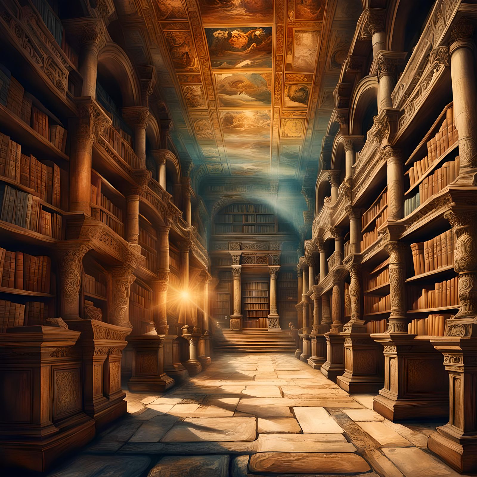 An ancient library of Ashurbannipal, seventh century, scrolls, old books on shelves, in the style of ...  by @Irene