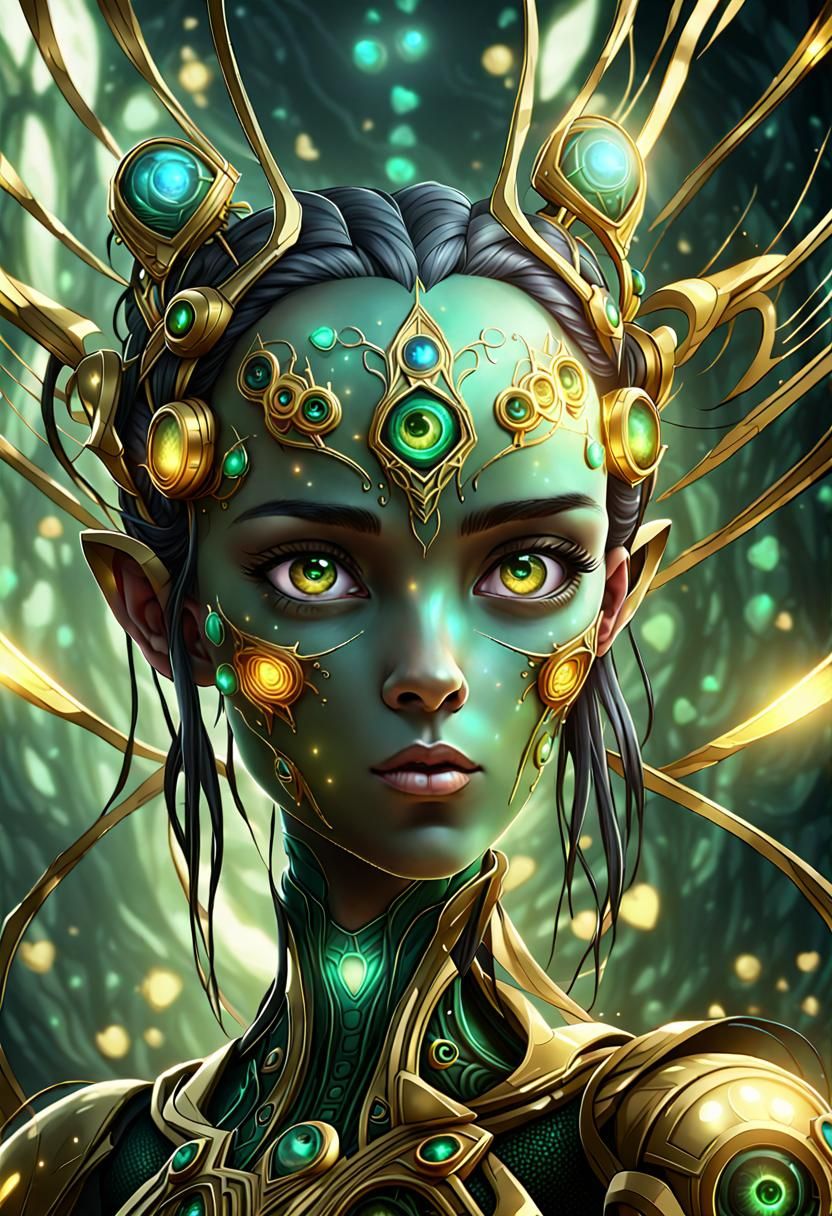 An effulgent-FEY Her eyes emit a golden light biopunk cell-shaded ...