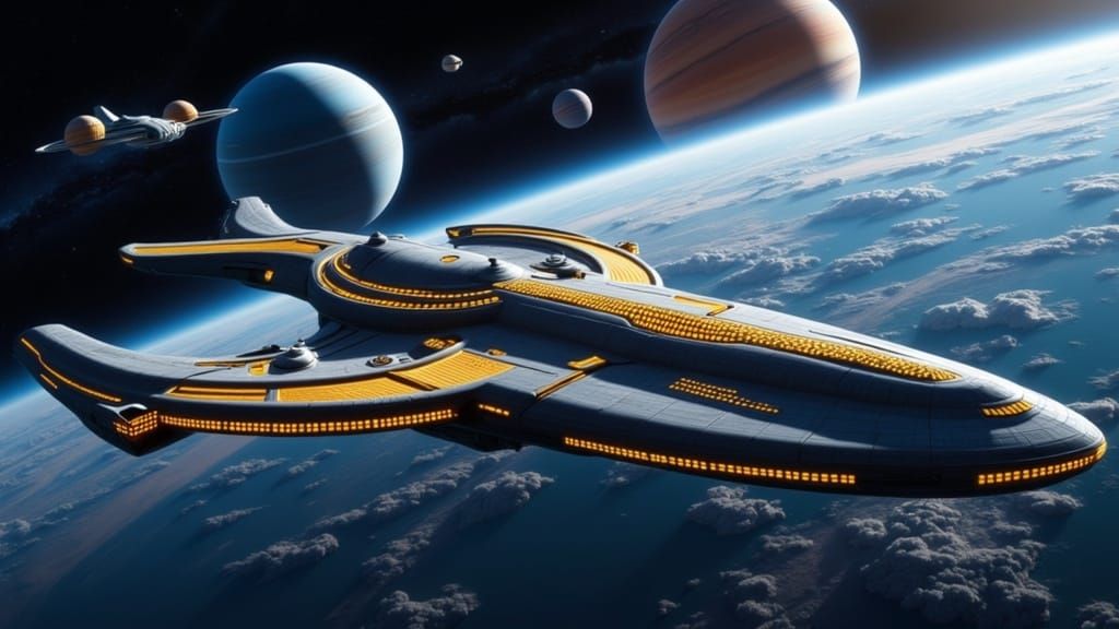 <lora:Advance Tech Ships:1.0> A stunningly detailed sci-fi portrait of a massive futuristic starship, in the style of Todd McFarlane, Norman...