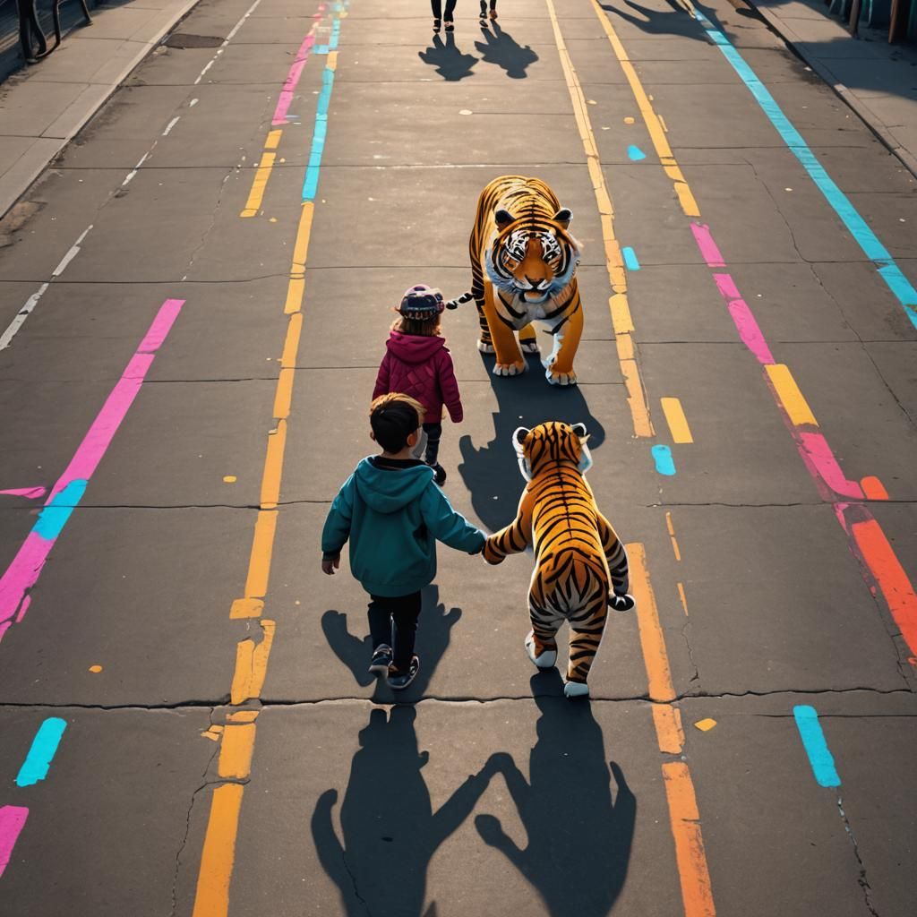 Cute kids with tiger walk runway 8k video generate