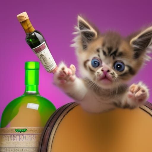 cute yelling kitten scratching a large tequila bottle purple...