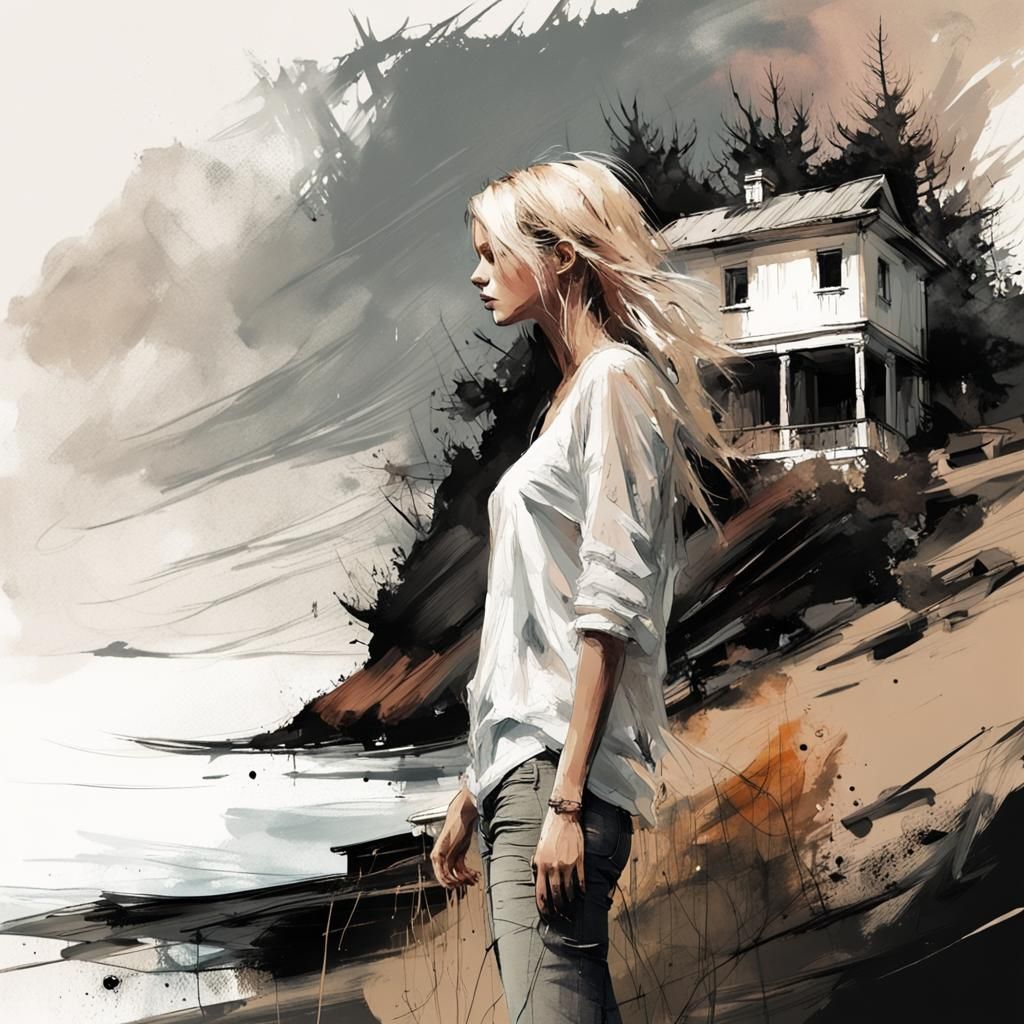 Russ Mills style, masterpiece in pastel ink: beautiful blond...