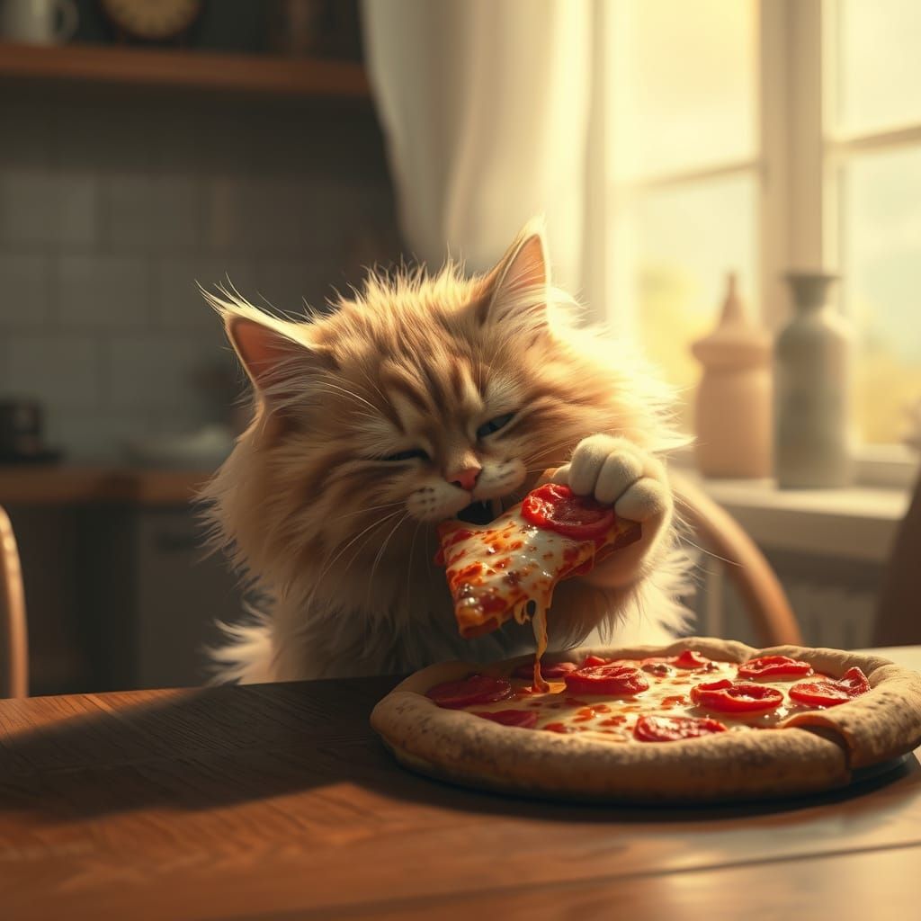 A cozy kitchen scene. On a wooden table stands a ceramic plate with a hot, appetizing slice of pizza ...  by @undefined