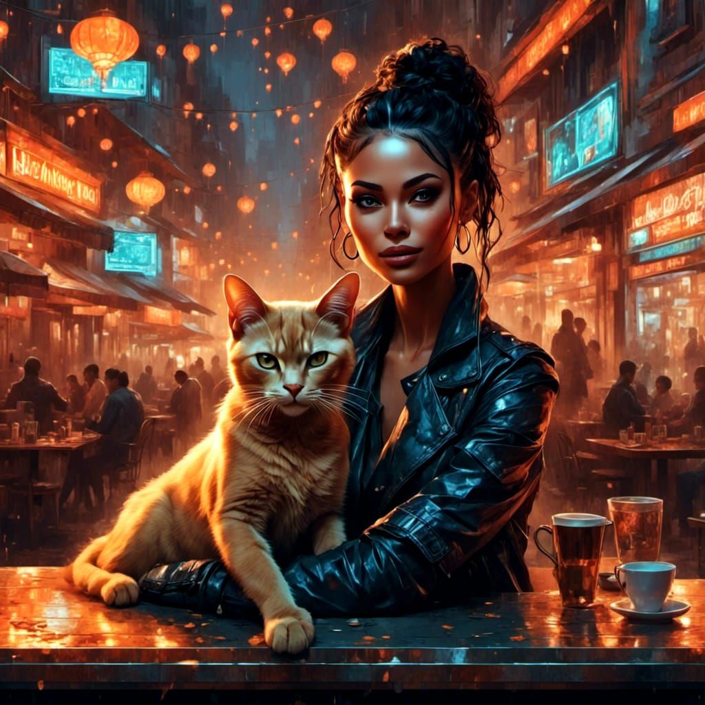 Cyberpunk Woman with Cats in Neon Cityscape