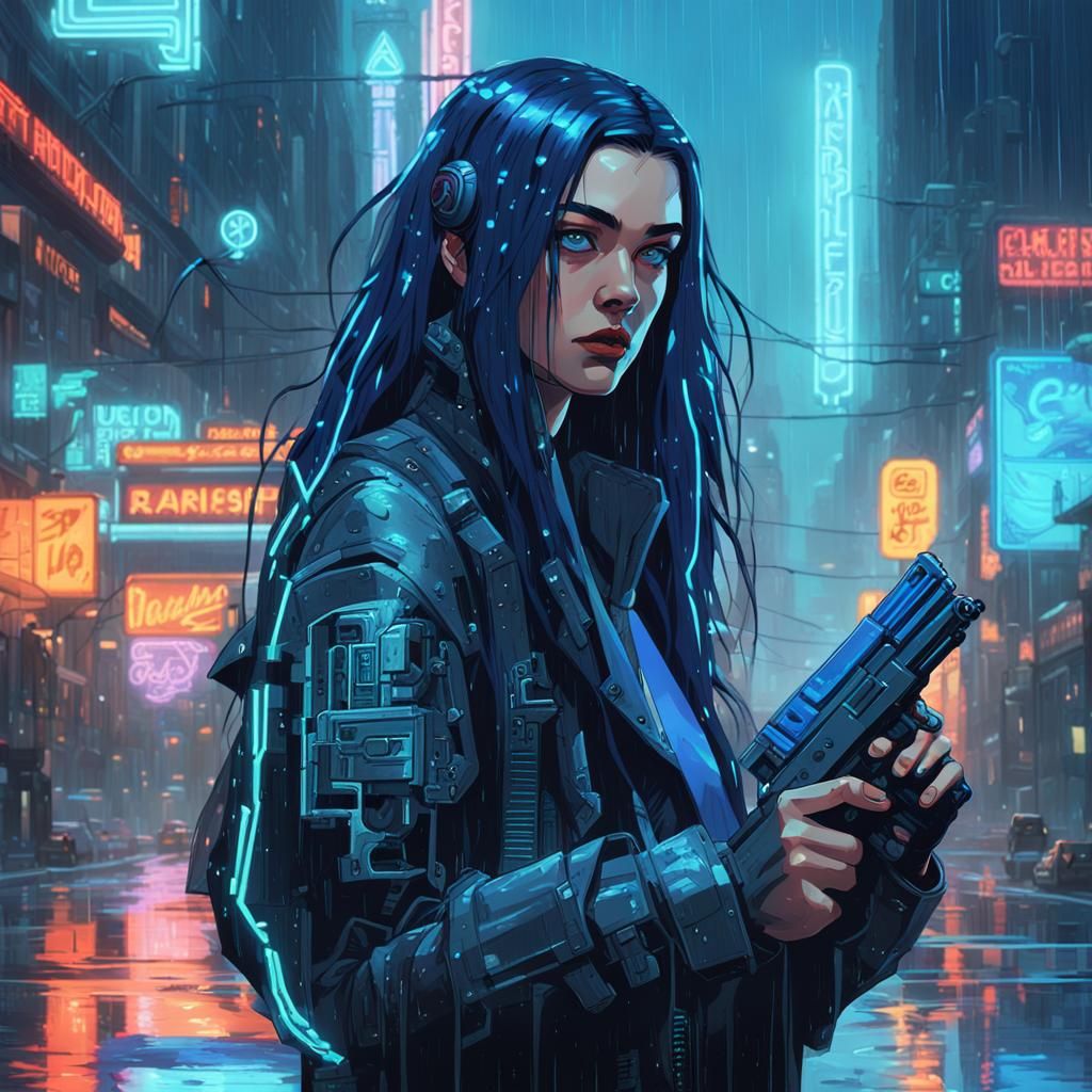 A cybernetically augmented young woman with long dark blue hair and glowing ice blue eyes stands with ...  by @RenMakoto