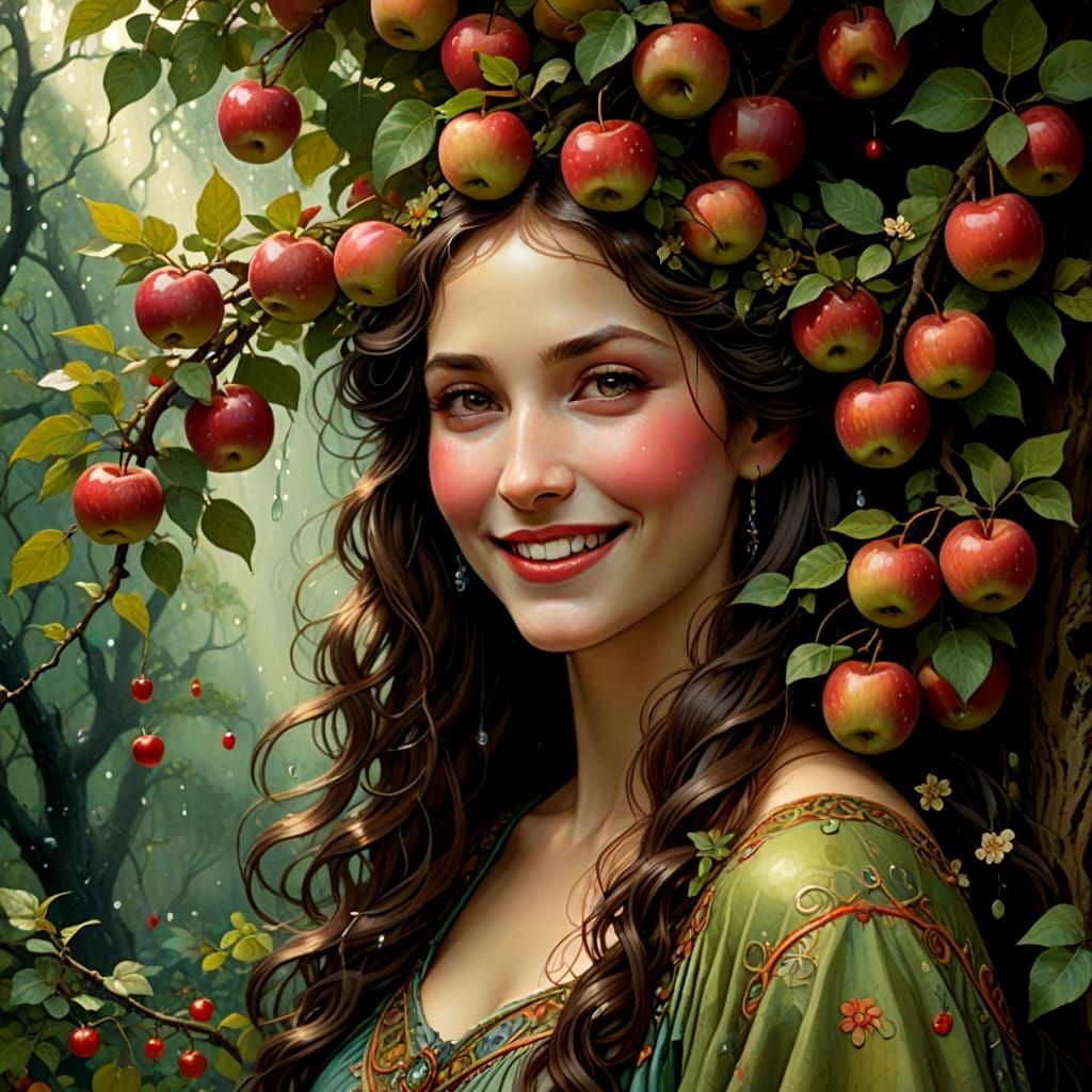 Enchanting Apple Tree Maiden in Mystical, Moonlit Atmosphere