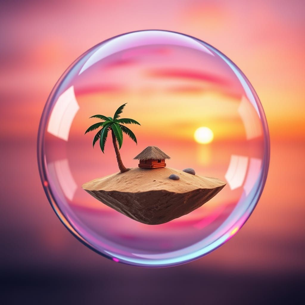 Miniature Island in Bubble Reflects Sunset Colors