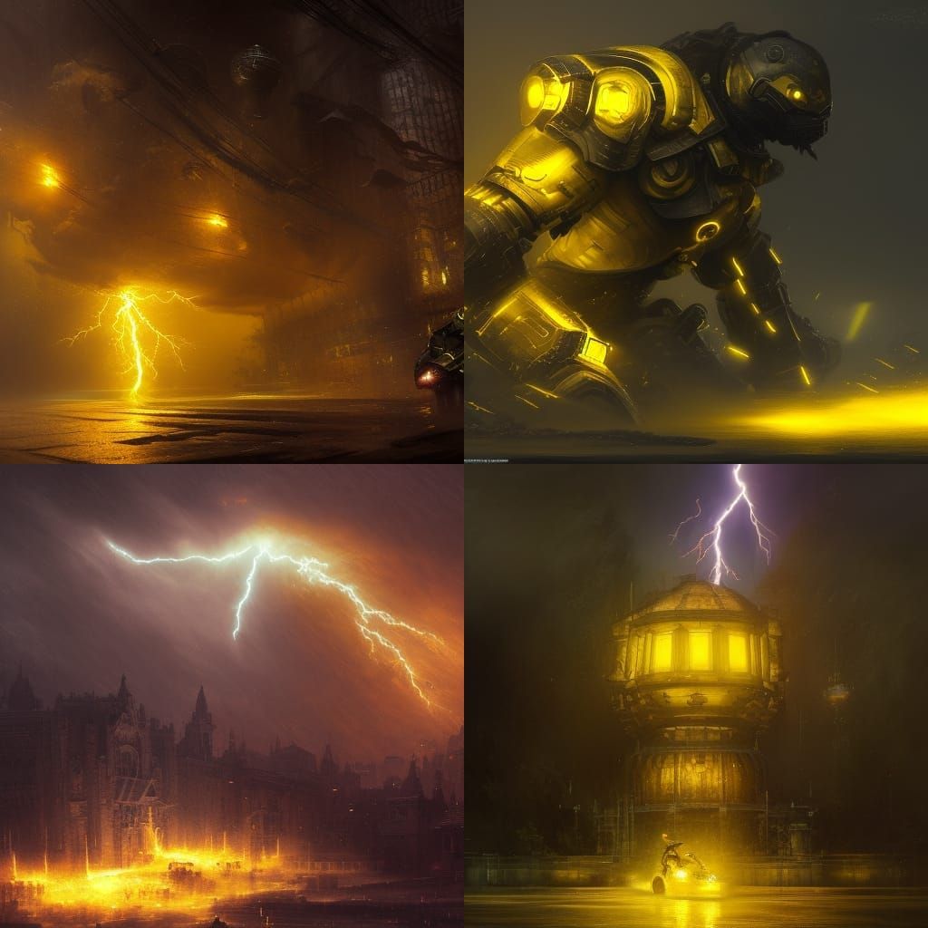 Yellow glass armored warrior during a lightning storm