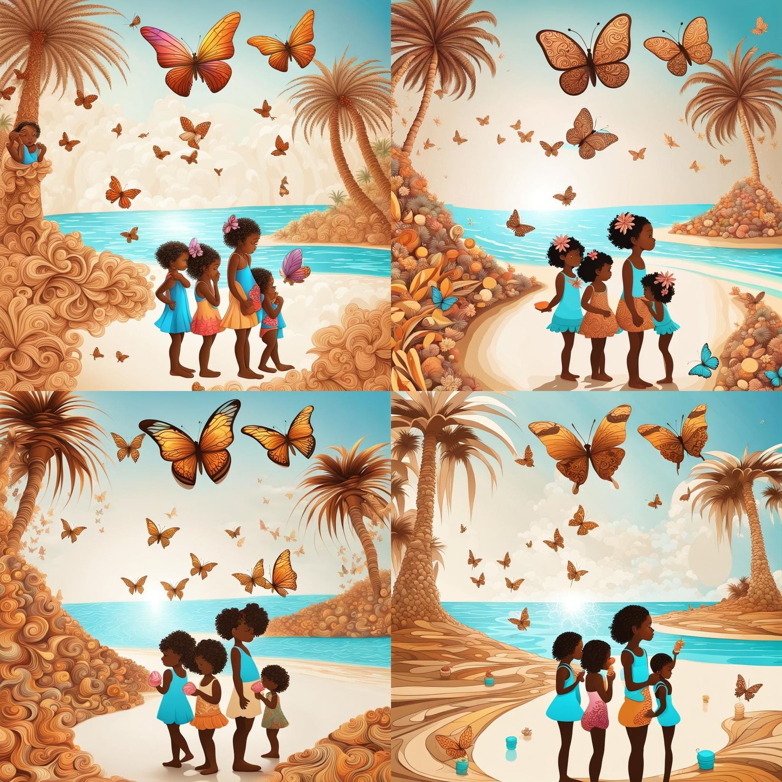 3 little brown girls eating candy surrounded by butterflies ...