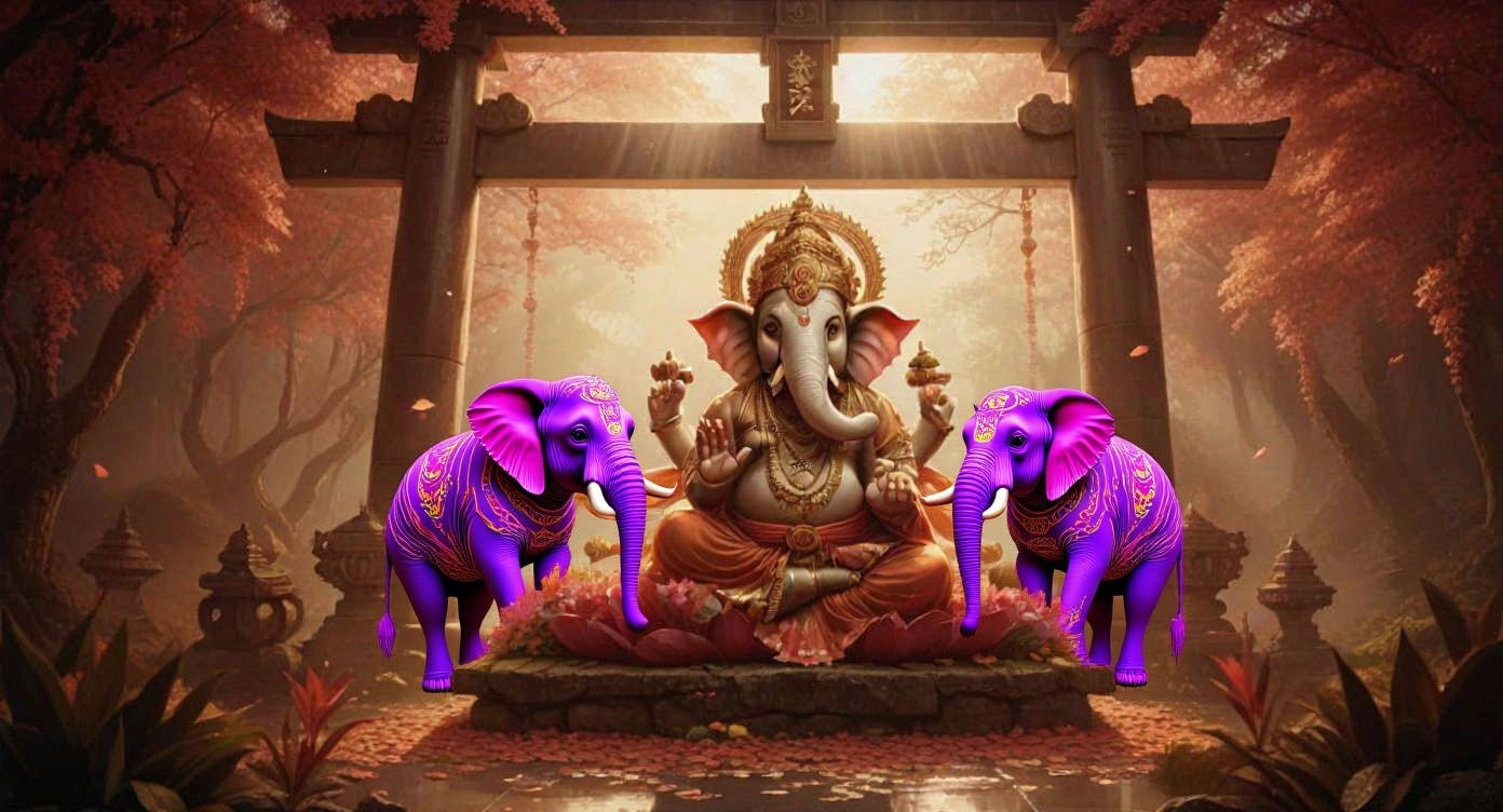 Ganesh under a Torii Bridge being worshipped by two elephants who crossed the veil