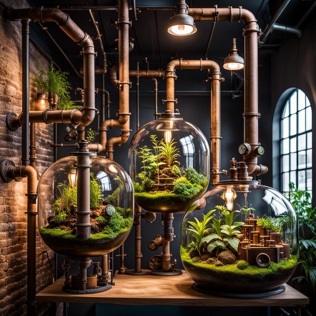 Large terrariums interconnected with large steampunk pipes  by @Eto Demerzel