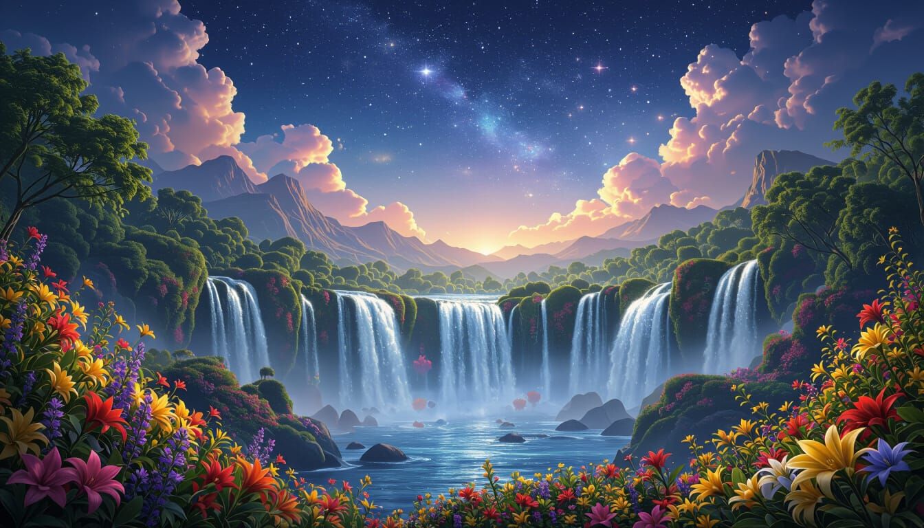 A lush, vibrant fantasy landscape with a cascading waterfall, surrounded by a profusion of colorful flowers, foliage, and a starry night sky...