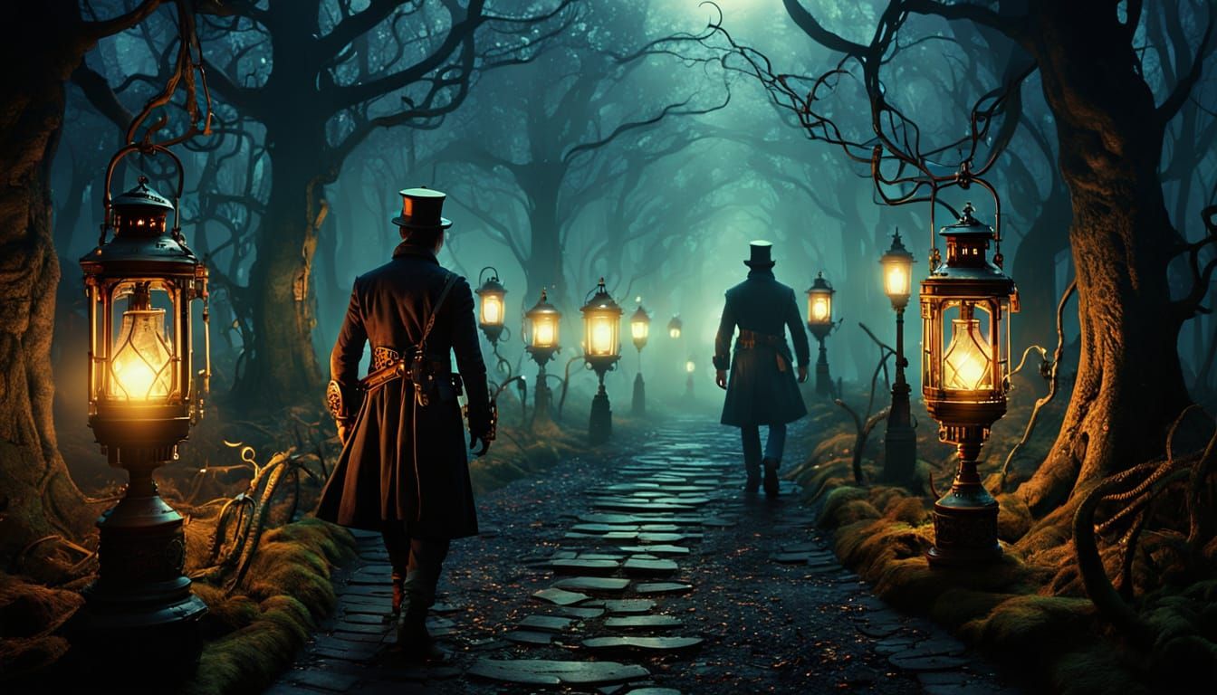 Steampunk Figure in Dark Forest with Lanterns