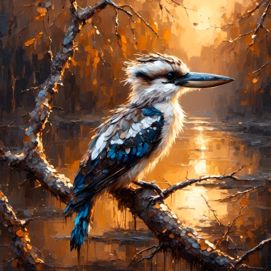 <lora:Oil and Glory:1.0> Heavy oil. Impasto. Beautiful kookaburra sitting on a branch overlooking a river. Golden hour light. Adorable sweet...