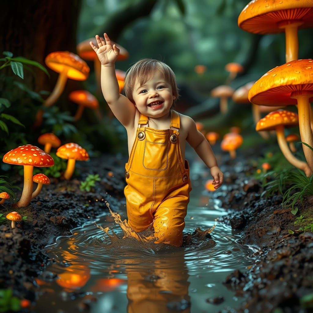 Child in Whimsical Forest Wonderland with Mushrooms
