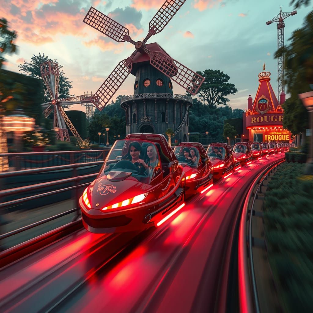 Fast rollercoaster in extreme theme park inspired by the Moulin Rouge  by @Fokje