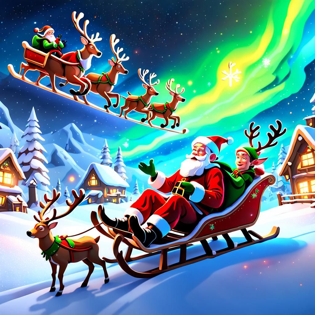 Magical Christmas Scene with Santa, Elves, and Reindeer in F...