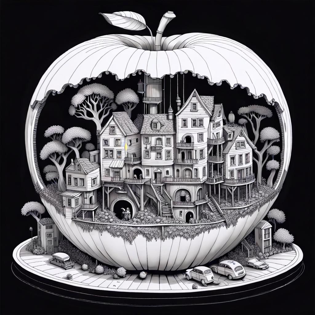 Line art simple style drawing of Tiny miniature fantasy world living inside a giant mechanical apple, ...  by @vixyna
