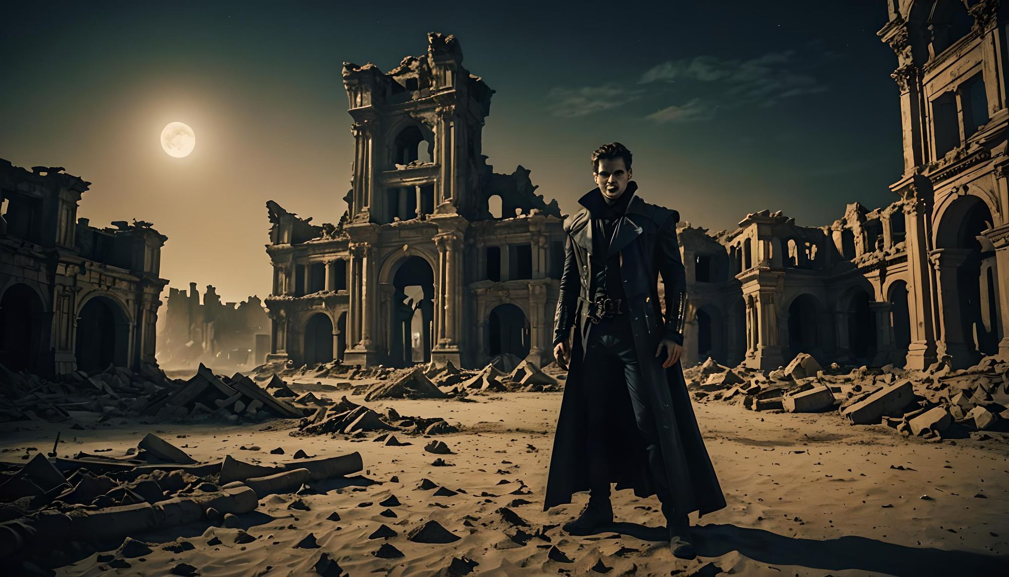 It is night.
A cyborg vampire.
it is a stark decaying scene. sand covers the ruins. 