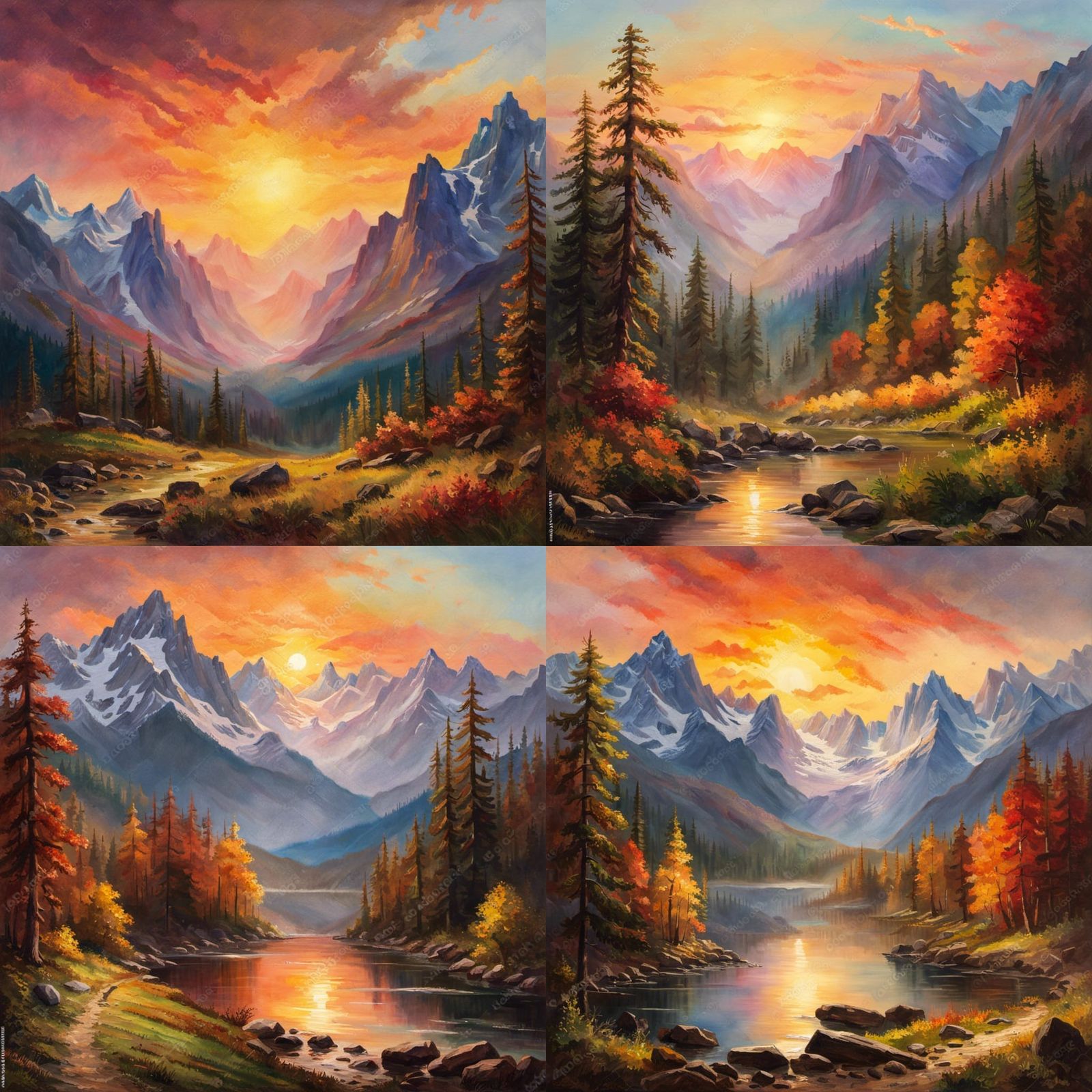 Magnificent Sun rise over the mountains  in Style of Albert Bierstadt, Watercolor, Museum Epic Impressionist Maximalist ...