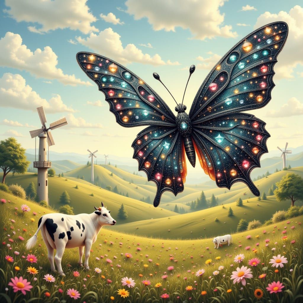 Gemstone Butterfly Flies Through Rural Landscape in Watercol...