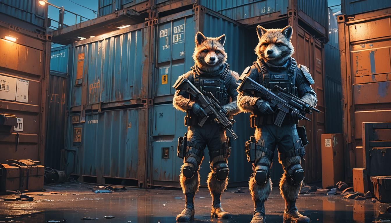 Cyberrpunk, Call of duty Modern warfare, furry soldier, shipping container yard background