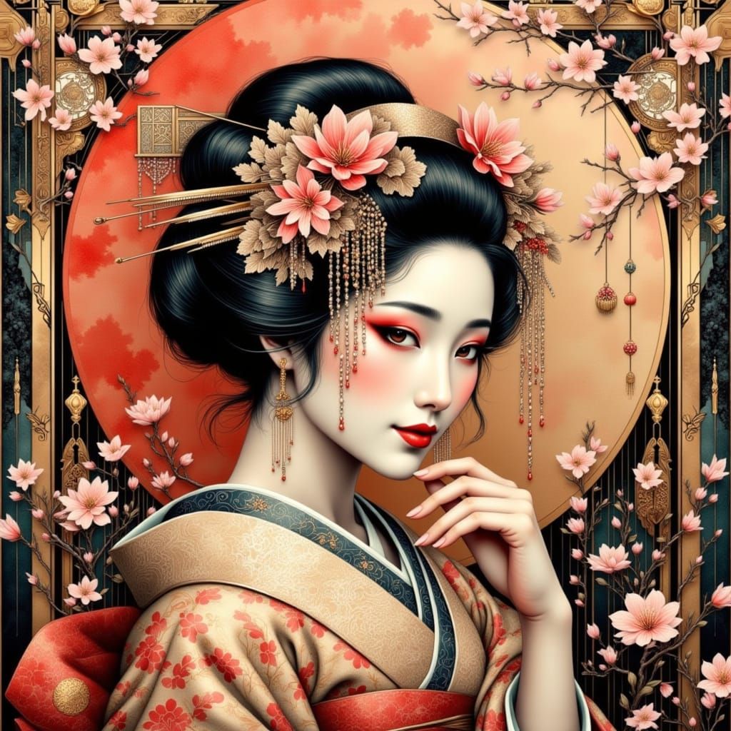 Art Deco Geisha Among Cherry Blossoms