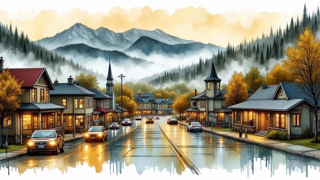 Watercolor of Twin Peaks, the golden city of North Carolina.

