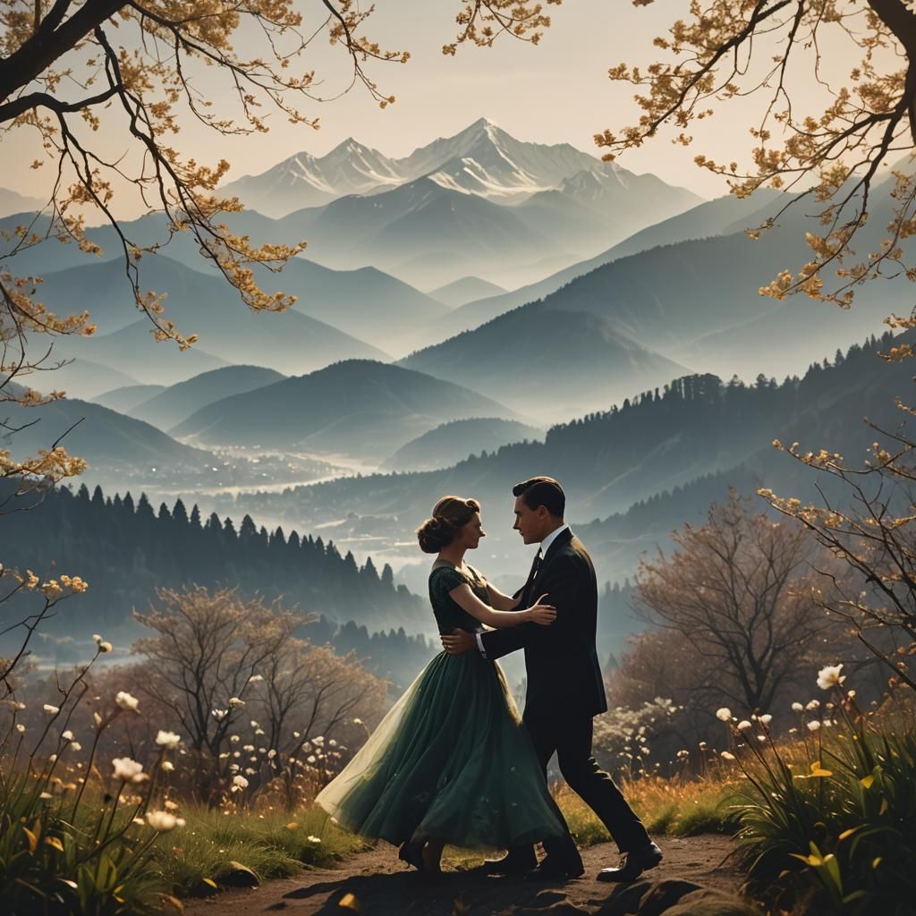 Fouble exposure mountains in background a silhouette of a man and woman dancing im foreground,  modern