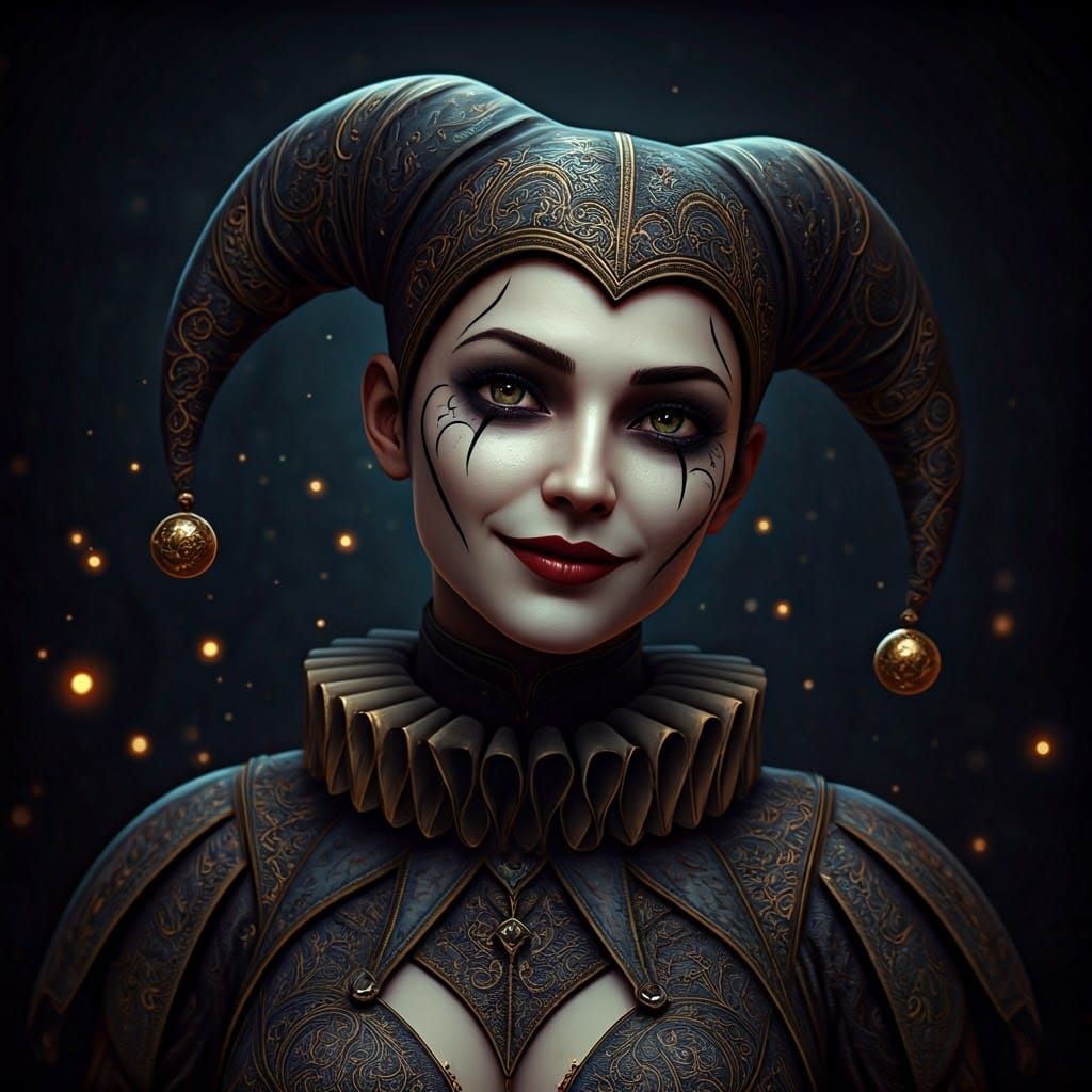 Cosmic Court Jester in Dark Dreamscape