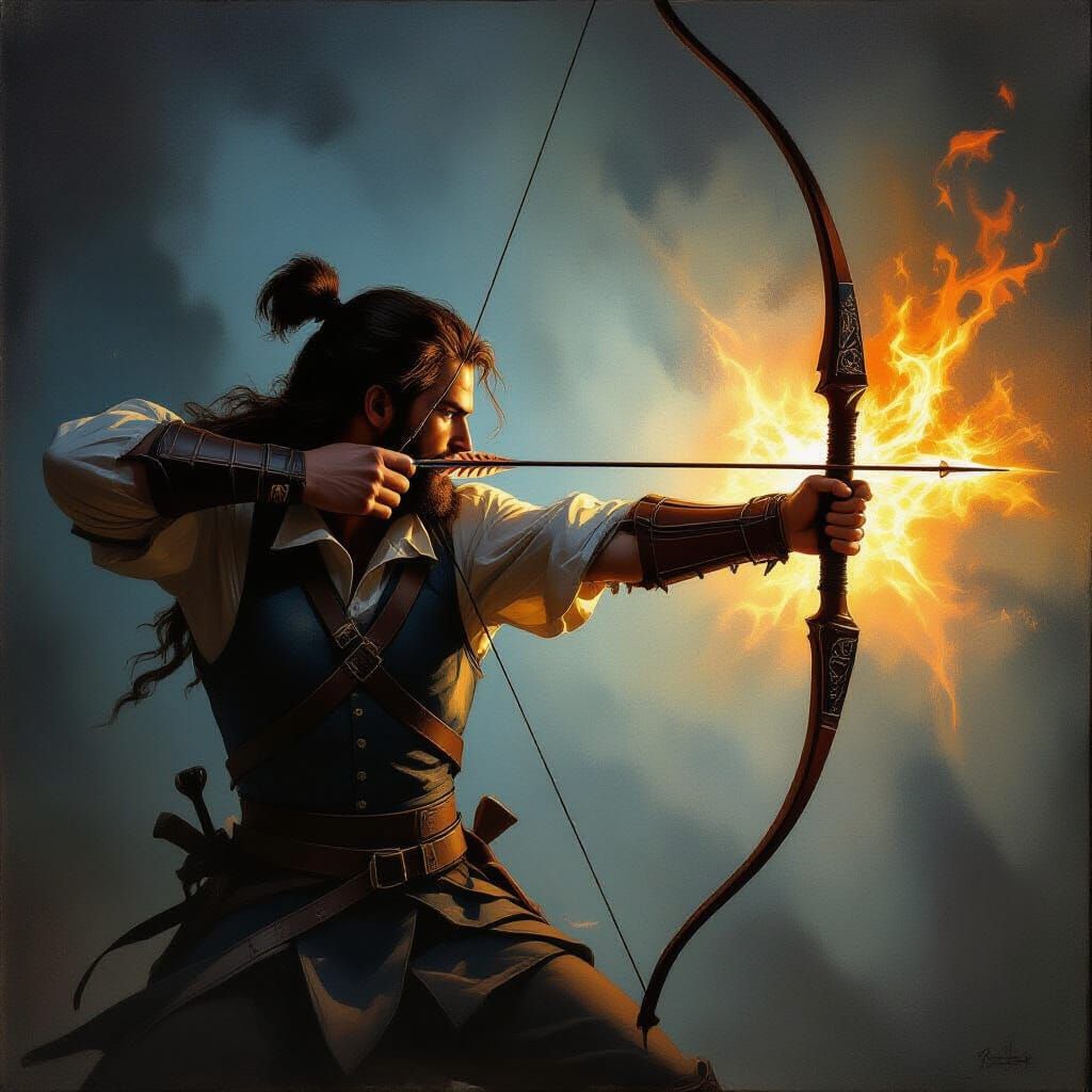 Archery Masterpiece: Drawn Bow Under Dramatic Light