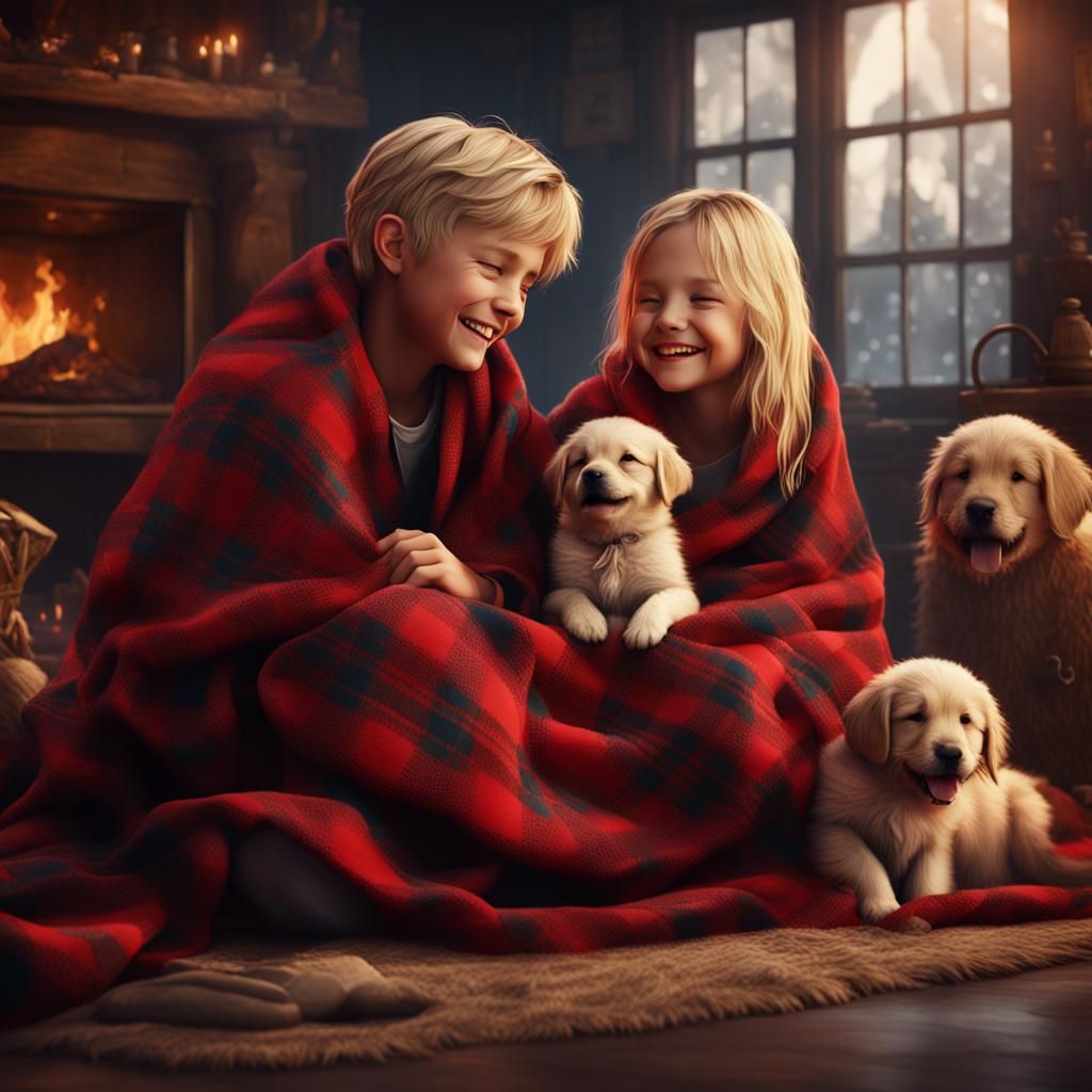 Laughing, Blonde Girl and boy cuddles with their puppies under a red plaid blanket   by @Penny Watson