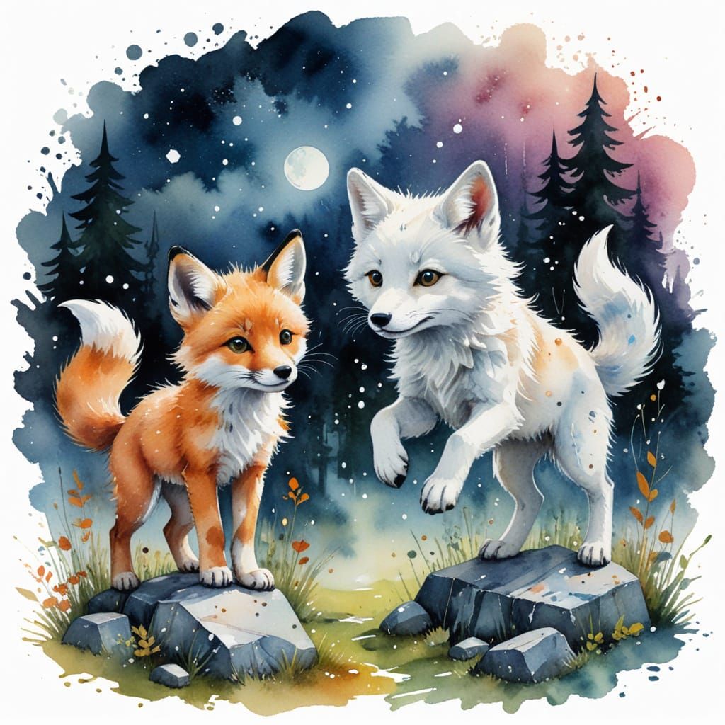 Fox and Wolf Cubs Playing Under Starry Sky